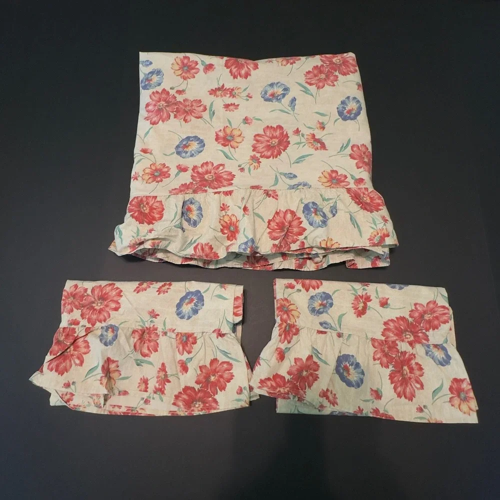 VTG Liz Claiborne Floral Queen Sheet 2 King Pillowcases Red Blue Ruffles Cottage